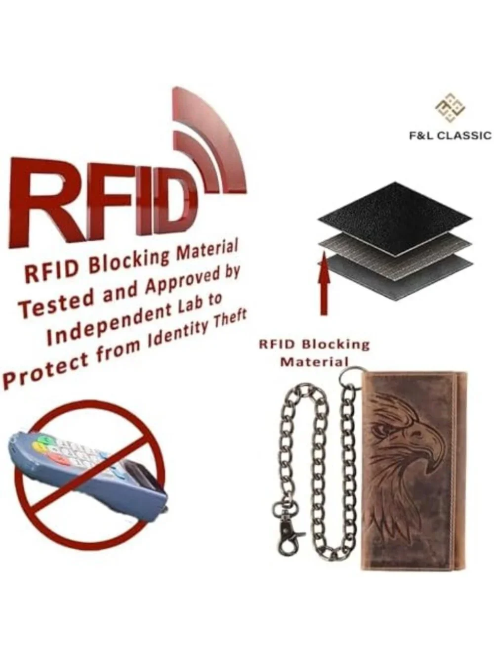Classic RFID Blocking Men's Tri-Fold Leather Wallet with Steel Chain, Brown